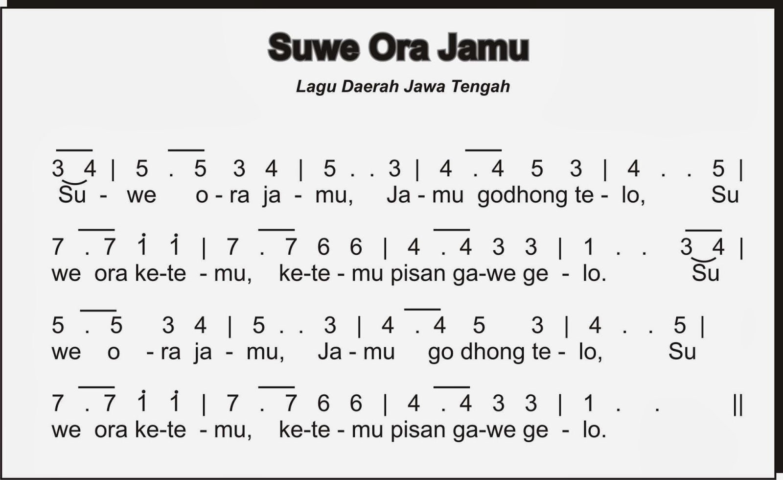 Lirik Lagu Daerah Jawa Tengah Suwe Ora Jamu